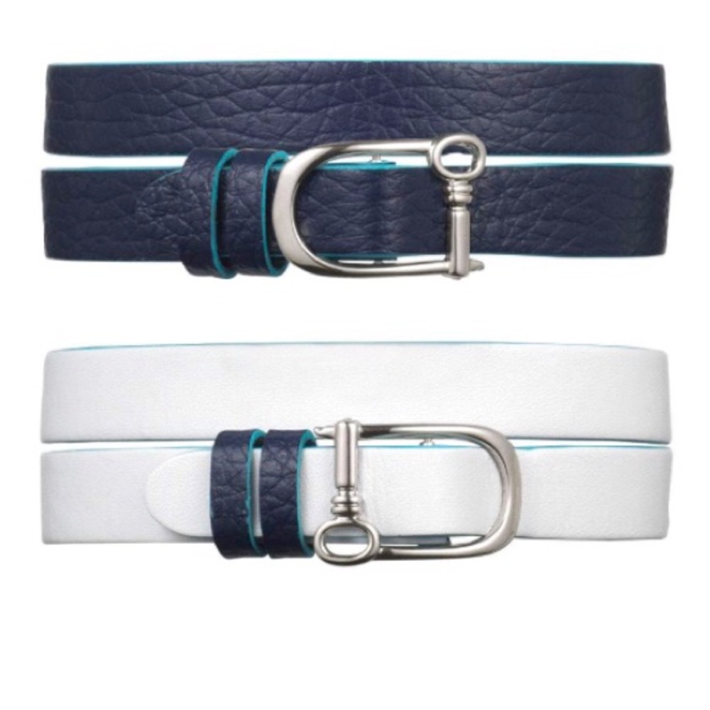 Double leather pebbled navy/white w turquoise trim
